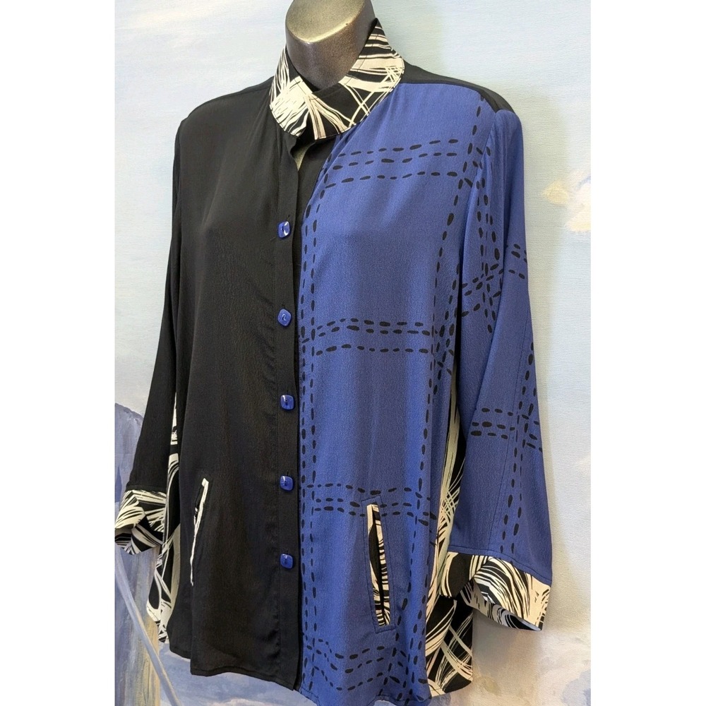 NEW! Lemon Grass New York S Abstract Colorblock Pocket Tunic Button Up